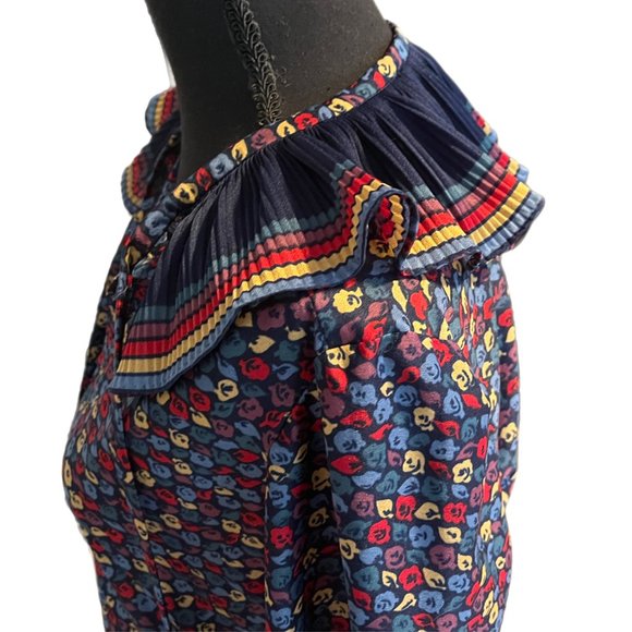 1960s colorful abstract pattern blouse with striped frill collar - Picture 2 of 8